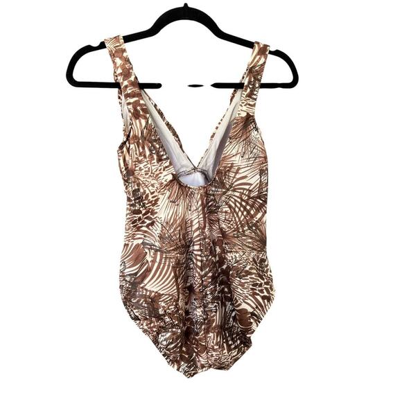 Women's Miraclesuit Brown Safari Animal Palm Print Front Ruching Size 12 - Picture 2 of 5